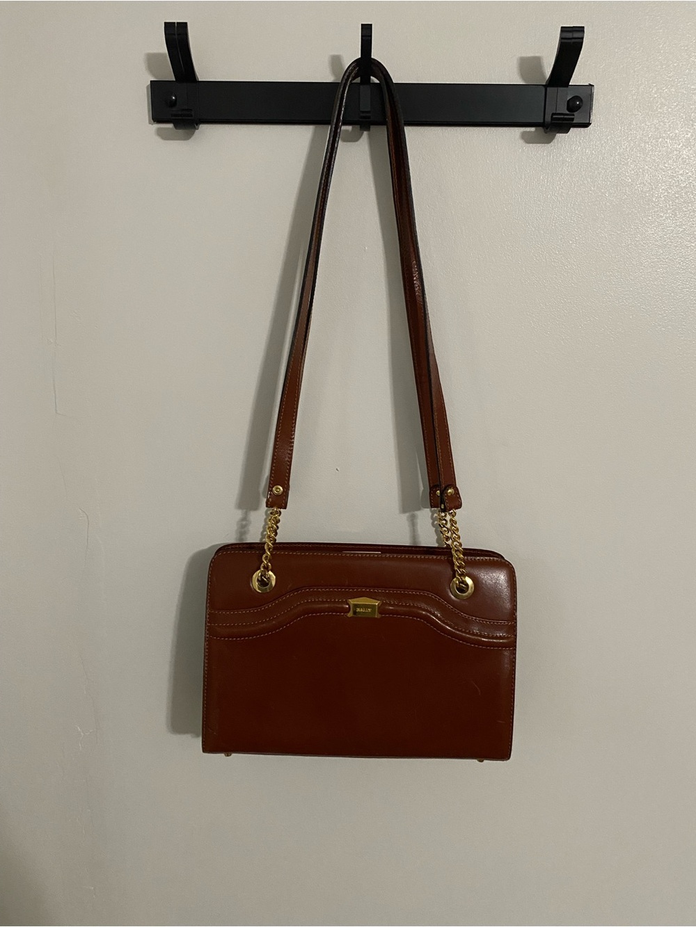 Vintage Bally Cognac Brown Leather Shoulder Bag with Gold Chain Accents